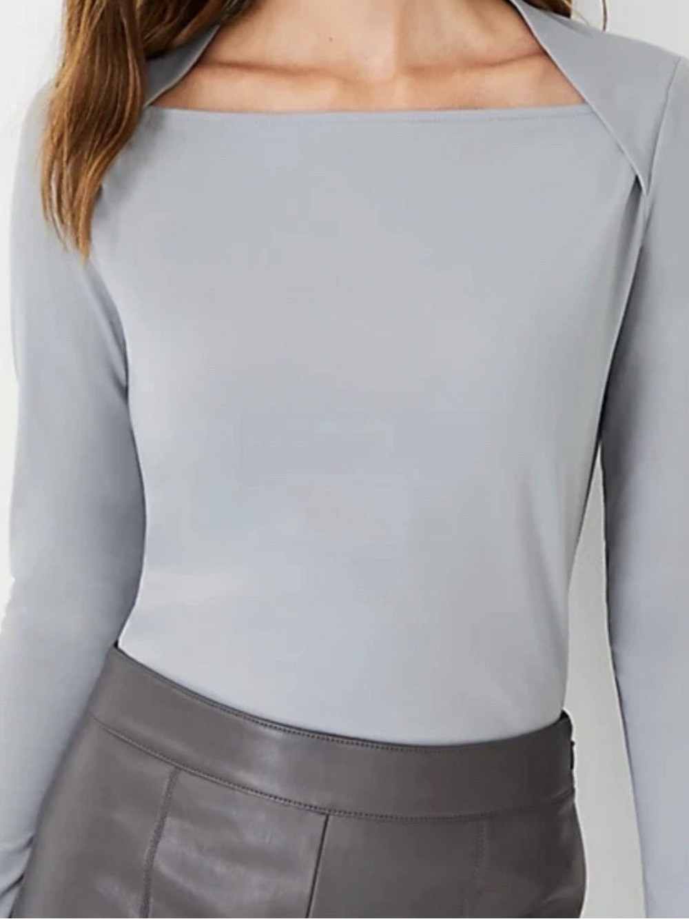 Ann Taylor Square Neck Long Sleeve Top - Light Gray